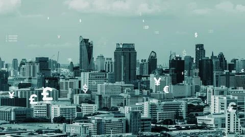 Business data analytic interface fly over smart city showing alteration future Stock Photos