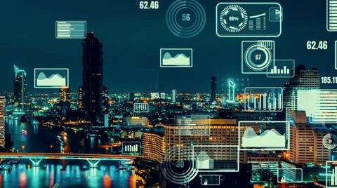 Business data analytic interface fly over smart city showing alteration future Foto stock
