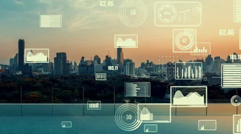 Business data analytic interface fly over smart city showing alteration future Stock Photos