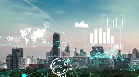 Business data analytic interface fly over smart city showing alteration future Stock Photos