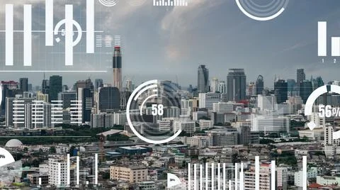 Business data analytic interface fly over smart city showing alteration future Stock Photos