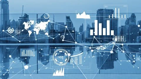 Business data analytic interface fly over smart city showing alteration future Stock Photos
