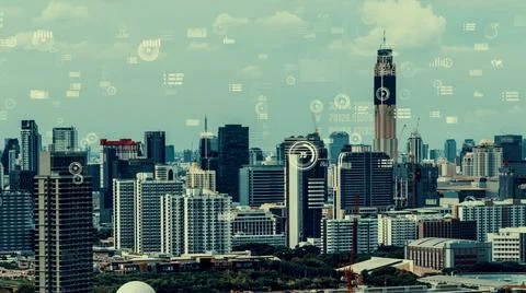 Business data analytic interface fly over smart city showing alteration future Stock Photos