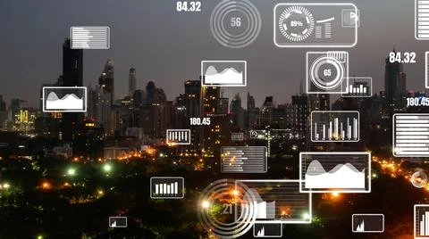 Business data analytic interface fly over smart city showing alteration future Stock Photos
