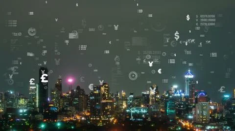Business data analytic interface fly over smart city showing alteration future Stock Photos