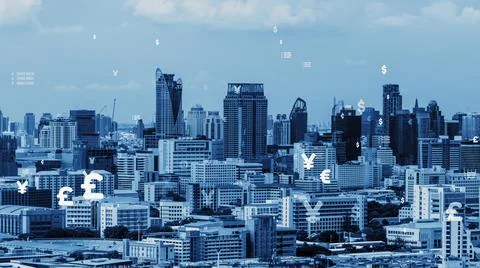 Business data analytic interface fly over smart city showing alteration future Stock Photos