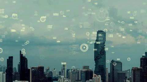 Business data analytic interface fly over smart city showing alteration future 写真素材