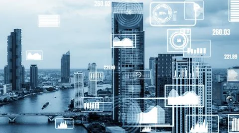 Business data analytic interface fly over smart city showing alteration future Stock Photos