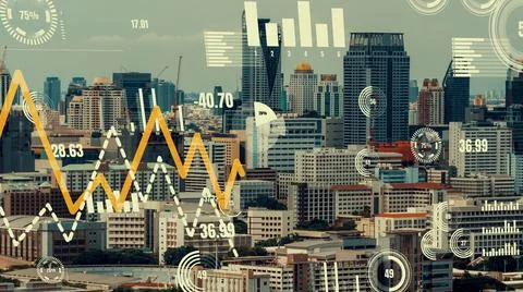 Business data analytic interface fly over smart city showing alteration future Foto stock