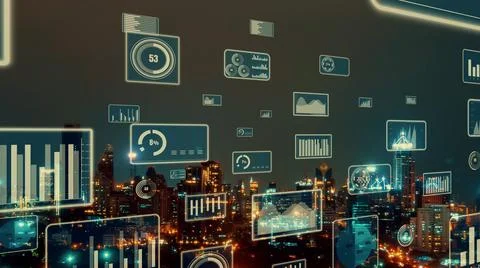 Business data analytic interface fly over smart city showing alteration future Stock Photos
