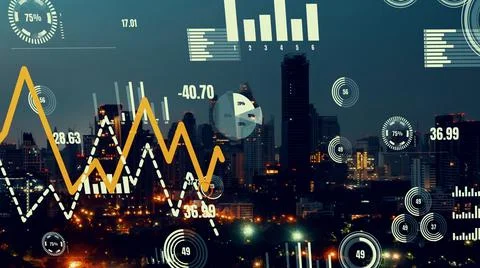 Business data analytic interface fly over smart city showing alteration future Stock Photos