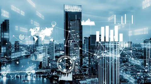 Business data analytic interface fly over smart city showing alteration future Foto stock