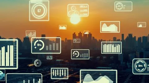 Business data analytic interface fly over smart city showing alteration future Stock Photos