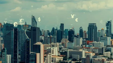 Business data analytic interface fly over smart city showing alteration future Stock Photos