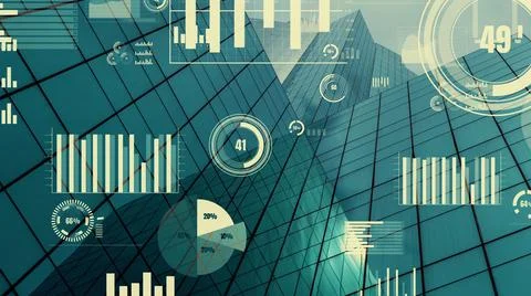 Business data analytic interface fly over smart city showing alteration future Stock Photos