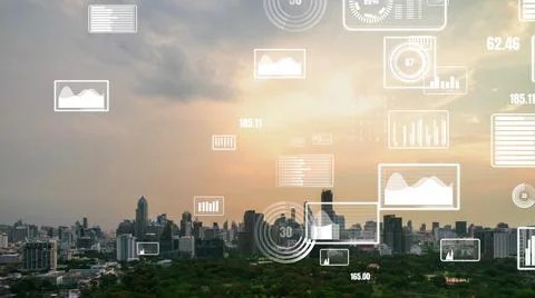 Business data analytic interface fly over smart city showing alteration future Stock Photos
