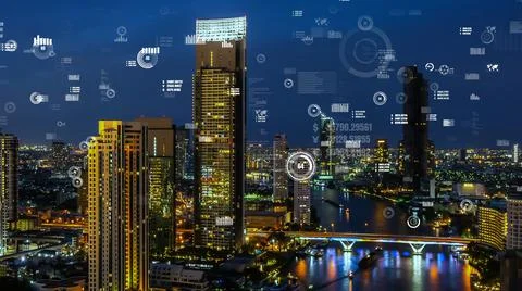 Business data analytic interface fly over smart city showing alteration future Stock Photos