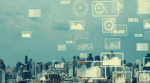 Business data analytic interface fly over smart city showing alteration future Stock Photos