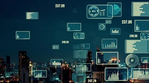 Business data analytic interface fly over smart city showing alteration future Foto stock