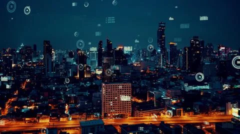 Business data analytic interface fly over smart city showing alteration future Stock Photos