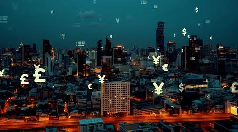 Business data analytic interface fly over smart city showing alteration future Stock Photos
