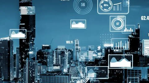 Business data analytic interface fly over smart city showing alteration future Stock Photos