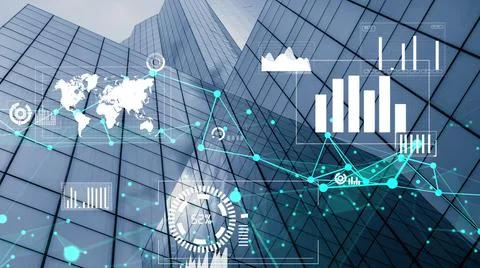 Business data analytic interface fly over smart city showing alteration future Stock Photos