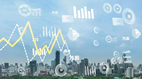 Business data analytic interface fly over smart city showing alteration future Stock Photos