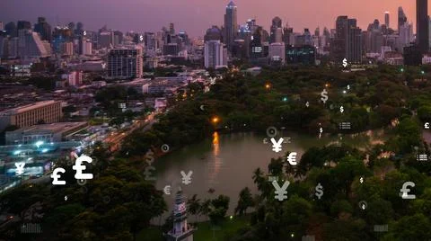 Business data analytic interface fly over smart city showing alteration future Stock Photos