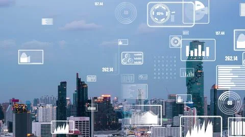Business data analytic interface fly over smart city showing alteration future Stock Photos