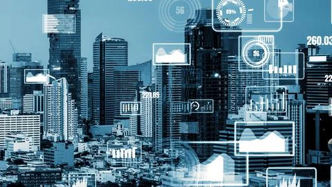 Business data analytic interface fly over smart city showing alteration future Stock Photos