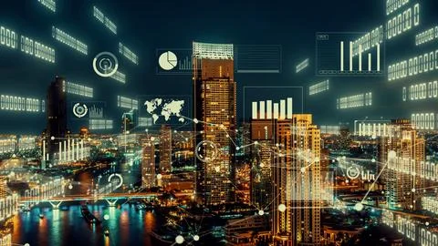 Business data analytic interface fly over smart city showing alteration future Stock Photos