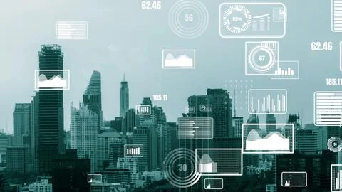 Business data analytic interface fly over smart city showing alteration future Foto stock