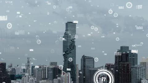 Business data analytic interface fly over smart city showing alteration future Stock Photos