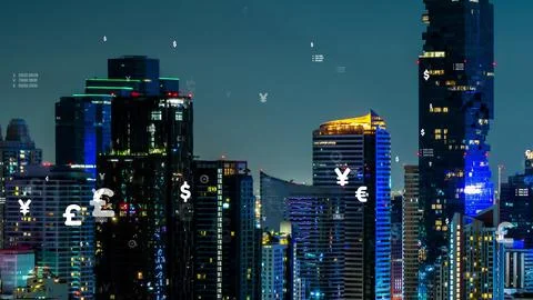 Business data analytic interface fly over smart city showing alteration future Stock Photos
