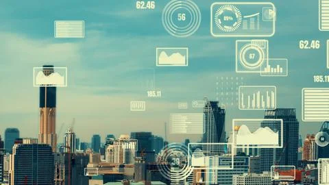 Business data analytic interface fly over smart city showing alteration future Stock Photos