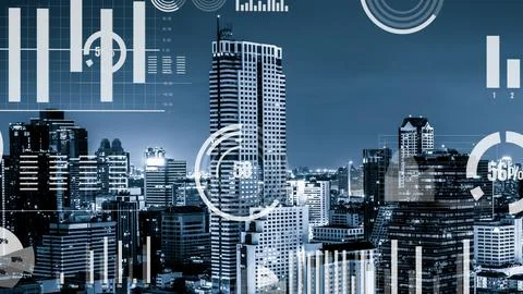 Business data analytic interface fly over smart city showing alteration future Stock Photos