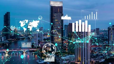 Business data analytic interface fly over smart city showing alteration future Stock Photos