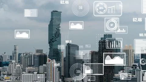 Business data analytic interface fly over smart city showing alteration future Stock Photos