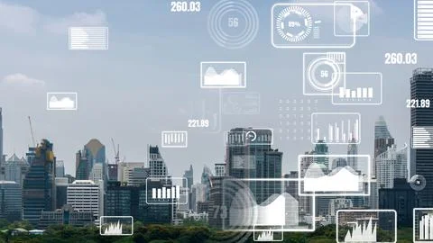 Business data analytic interface fly over smart city showing alteration future Stock Photos
