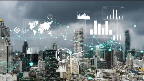 Business data analytic interface fly over smart city showing alteration future 写真素材