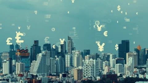 Business data analytic interface fly over smart city showing alteration future Foto stock