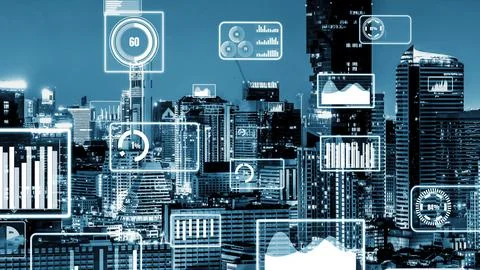 Business data analytic interface fly over smart city showing alteration future 写真素材