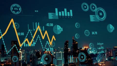 Business data analytic interface fly over smart city showing alteration future Stock Photos
