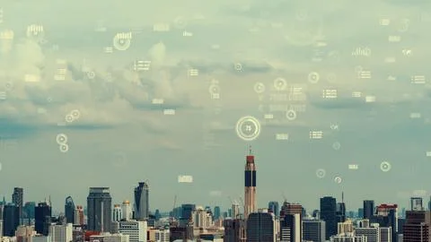 Business data analytic interface fly over smart city showing alteration future Stock Photos
