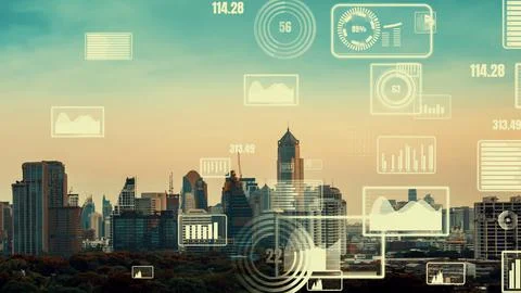 Business data analytic interface fly over smart city showing alteration future Stock Photos