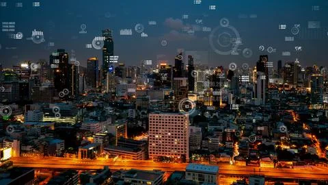 Business data analytic interface fly over smart city showing alteration future Foto stock