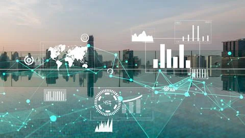 Business data analytic interface fly over smart city showing alteration future Stock Photos