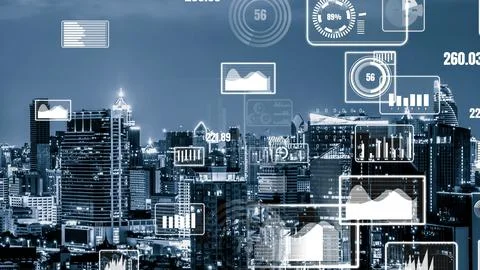 Business data analytic interface fly over smart city showing alteration future Stock Photos