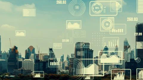 Business data analytic interface fly over smart city showing alteration future Stock Photos
